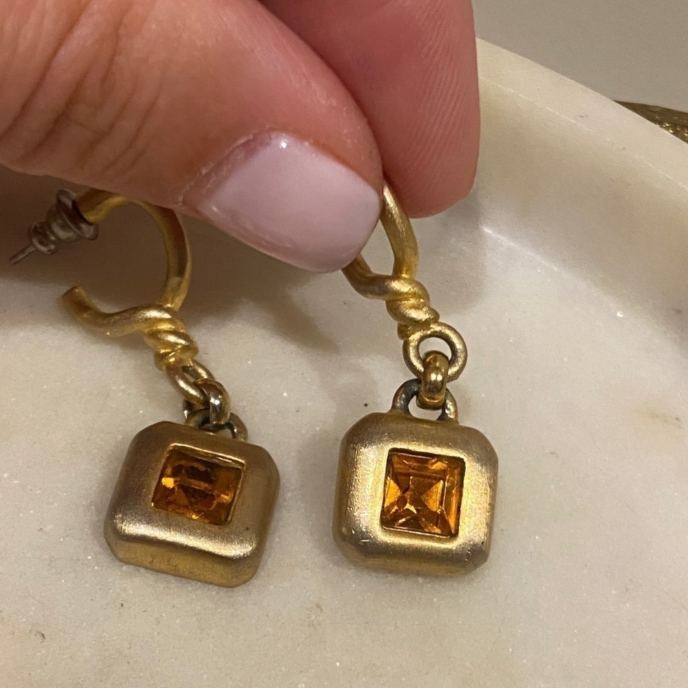 GOLD tone crystal dangling Square sparkly earrings